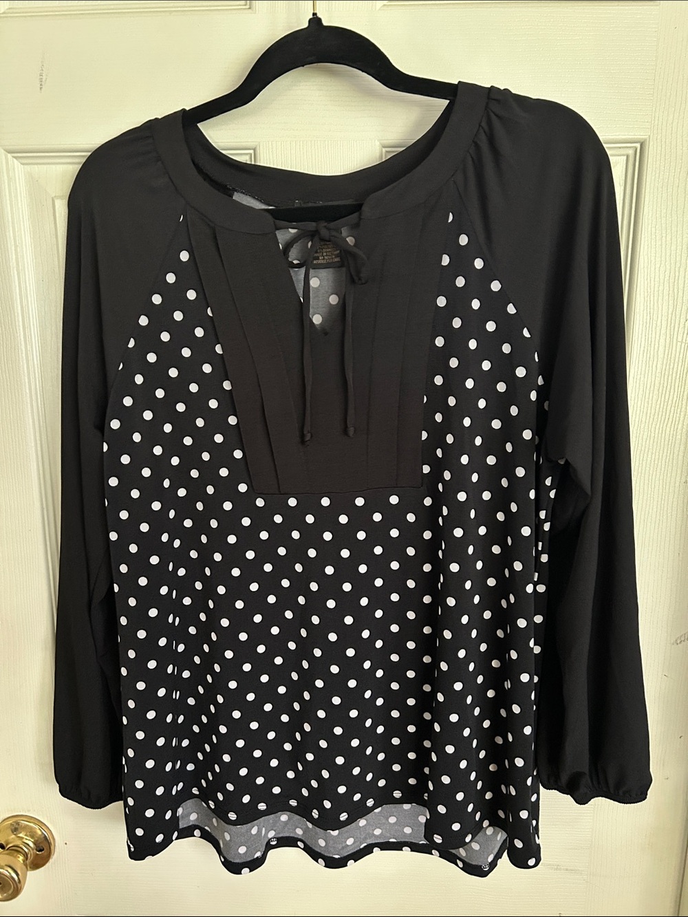 Susan Lawrence Black Long-Sleeve Polka Dot Tie-Neck Top